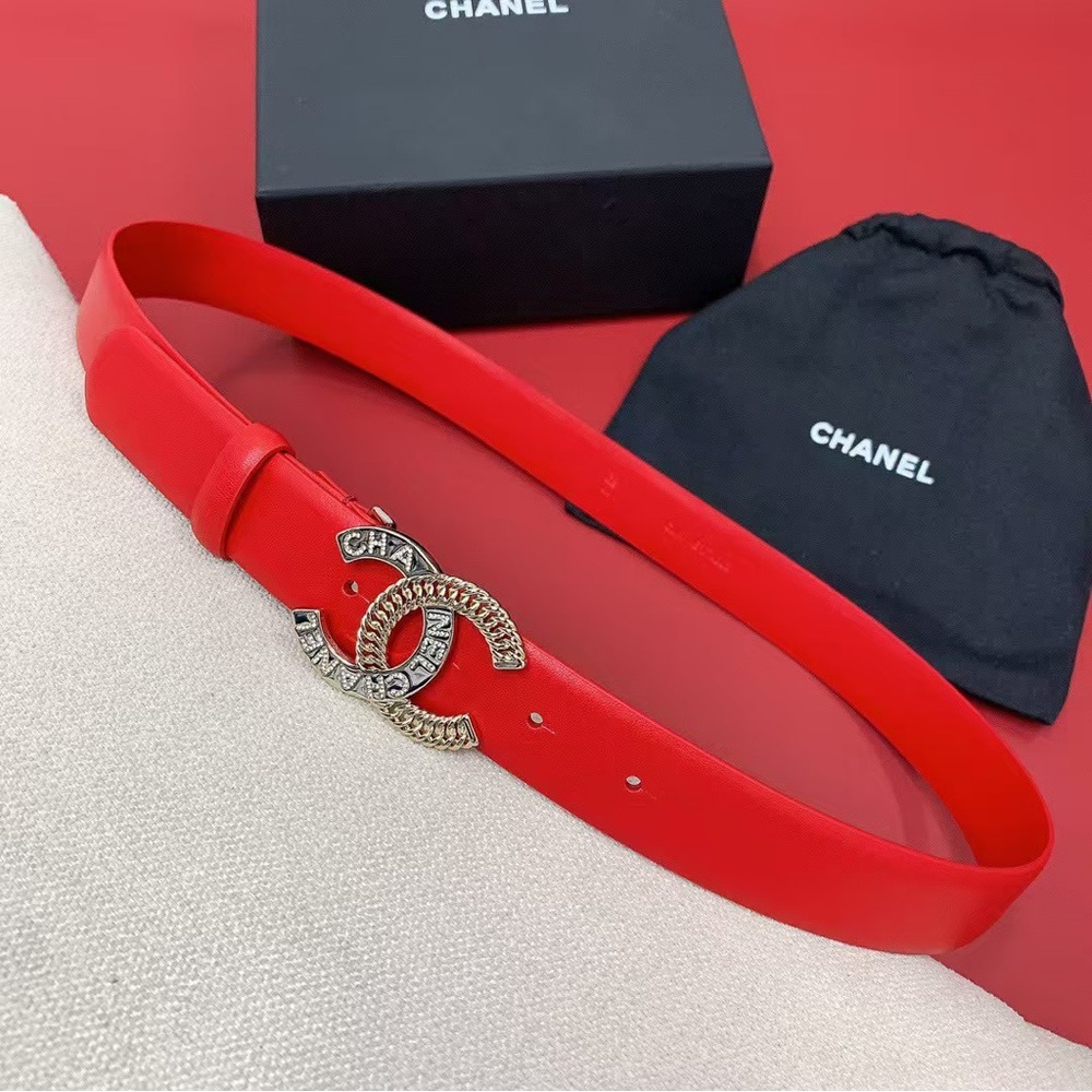 CHANEL Women's Red Leather CC Logo Belt